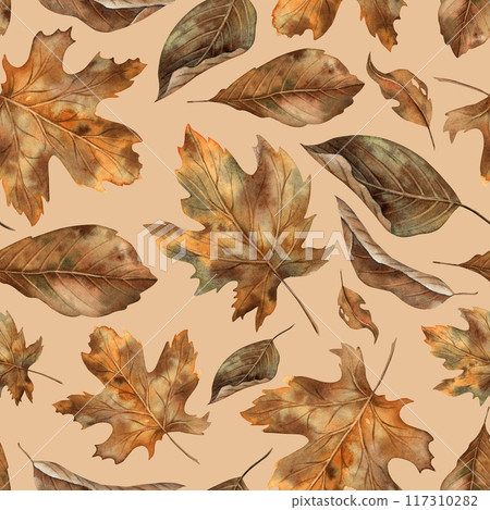 Various types of autumn dry leaves. Watercolor botanical seamless pattern in autumn style on a beige background. For seasonal design, Halloween, Thanksgiving, cards, posters, wallpaper, textiles 117310282