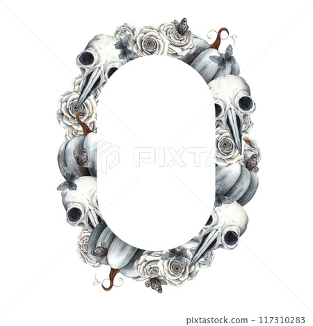 Black pumpkin, realistic bird skull, vintage white roses and butterflies. Handmade watercolor oval frame in Gothic style. Suitable for Halloween holiday and autumn design, cards, packaging, posters 117310283