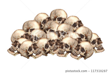 Mountain of realistic watercolor anatomical skulls. Watercolor illustration hand drawn in gothic and vintage style. Halloween decoration, symbol of Mexican Day of the Dead, gothic style design Mountain of realistic watercolor anatomical skulls. Watercolor illustration hand drawn in gothic and vintage style. Halloween decoration, symbol of Mexican Day of the Dead, gothic style design 117310287