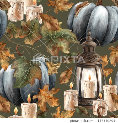 Vintage lantern with wax candles, black pumpkin and dry leaves. Watercolor pattern in Gothic style on a green background. Suitable for Halloween design, vintage holidays, cards, posters, packaging 117310294