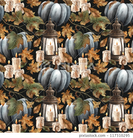 Vintage lantern with wax candles, black pumpkin and dry leaves. Watercolor pattern in Gothic style on a black background. Suitable for Halloween design, vintage holidays, cards, posters, packaging 117310295