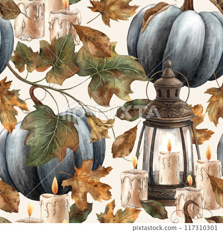 Vintage lantern with wax candles, black pumpkin and dry leaves. Watercolor pattern in Gothic style on a beige background. Suitable for Halloween design, vintage holidays, cards, posters, packaging 117310301
