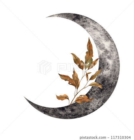 Black moon, realistic brown dry autumn branch with leaves. Watercolor illustration hand drawn in gothic style. Suitable for holiday and autumn themed designs for Halloween, cards, posters, decorations 117310304