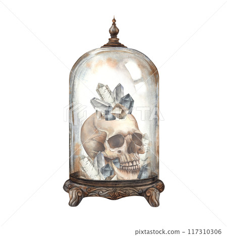 Human skull with crystals, in antique copper glass dome. Watercolor illustration on isolated background in gothic style. Suitable for Halloween decoration, tattoos, postcard design, posters, packaging 117310306