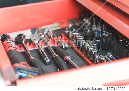 Tools in the auto mechanic's cabinet Tools in the auto mechanic's cabinet 117310631