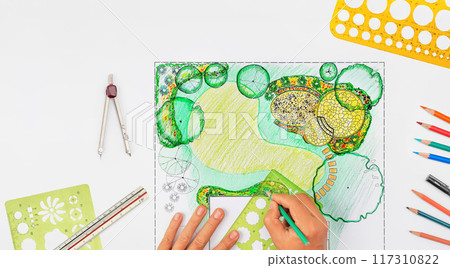 Garden design courses student is learning fundamentals garden design and planning. 117310822
