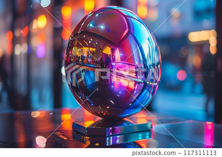 Close-up of a colorful, holographic American football trophy, symbolizing sports achievement and competition. Generative AI 117311113