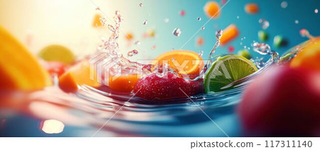 Fruits and Candies Splashing in Water. 117311140