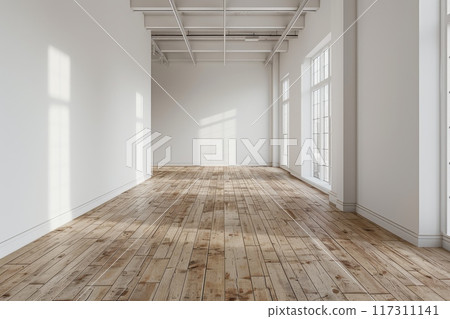 Empty room and wooden floor. Empty room for advertising. Generative AI 117311141
