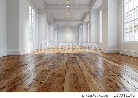 Empty room and wooden floor. Empty room for advertising. Generative AI 117311146