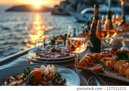 Travel group on the cruise ship and dinner at summer season. Generative AI 117311215