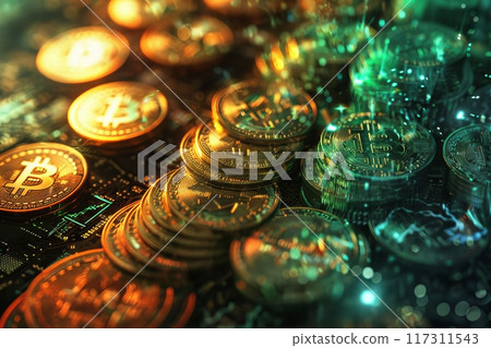 Abstract Bit coin crypto currency technology background. Generative AI 117311543