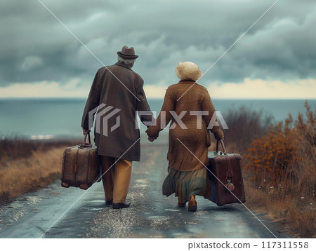 Old couple travel together, in aging society theme show cute true love. Old couple travel together, in aging society theme show cute true love. 117311558