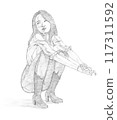 a young woman squatting with her arms resting on her knee 117311592