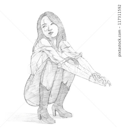 a young woman squatting with her arms resting on her knee 117311592