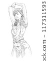 a young woman stretching her arms above her head, likely to relieve tension or to wake up 117311593