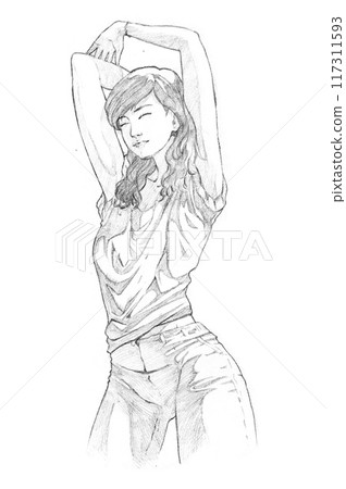 a young woman stretching her arms above her head, likely to relieve tension or to wake up a young woman stretching her arms above her head, likely to relieve tension or to wake up 117311593
