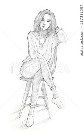 a young woman relaxing on a chair leaning on the backrest and resting her arm on her head with an neutral expression. 117311594
