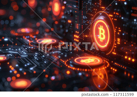 Abstract Bit coin crypto currency technology background. Generative AI 117311599