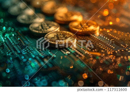 Abstract Bit coin crypto currency technology background. Generative AI 117311600