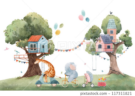 Beautiful kid mural with composition of watercolor hand drawn tree houses and cute forest animals. Stock childish illustration. 117311821