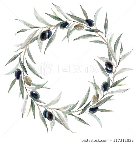 Beautiful hand drawn watercolor wreath of olive branches with black olives stock illustration. Beautiful hand drawn watercolor wreath of olive branches with black olives stock illustration. 117311822