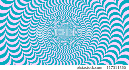 Blue and pink abstract wavy line surface. Radial distorted waves poster design. Optical illusion background. Trippy sunburst wallpaper. Vector spinning hypnotic illustration Blue and pink abstract wavy line surface. Radial distorted waves poster design. Optical illusion background. Trippy sunburst wallpaper. Vector spinning hypnotic illustration 117311860