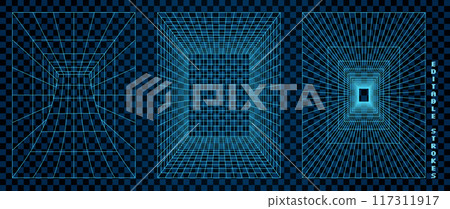 A collection of 3D wireframe tunnel designs at checkered grid background. The abstract geometric portal structures in a retro Y2K aesthetic with futuristic digital elements. 117311917