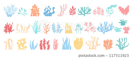 Underwater reef and marine plants set in vibrant colors. Varied sea flora like kelp, algae, seaweed with design elements. Beautiful aquatic life icons in cartoon style. 117311923