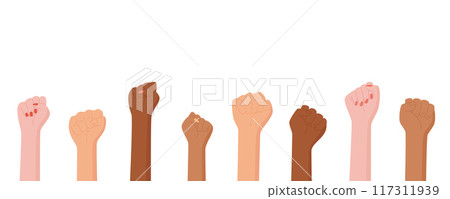 Set of diverse isolated support symbol fist, a woman is holding a protest sign, a person shows up with a strength and solidarity gesture, character holds a revolution fist. Set of diverse isolated support symbol fist, a woman is holding a protest sign, a person shows up with a strength and solidarity gesture, character holds a revolution fist. 117311939