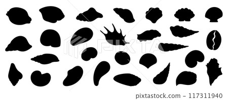 Set of black seashell silhouettes on a white background. Includes different types of seashells, perfect for beach, ocean, and marine themes. Aquatic and reef environment set. Set of black seashell silhouettes on a white background. Includes different types of seashells, perfect for beach, ocean, and marine themes. Aquatic and reef environment set. 117311940