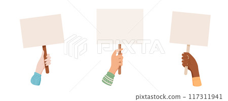People hold revolution blank signboard set, hand show up support banner collection, person holds template empowerment flag, right activist raise protest poster, woman parade demonstration board, 117311941