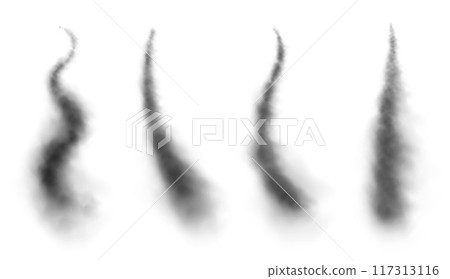 Black smoke trails, dark fog in the sky, black vapor from burning fire. 117313116