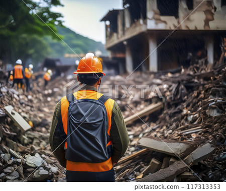 Image of a man wearing a helmet in front of rubble Image of a man wearing a helmet in front of rubble 117313353
