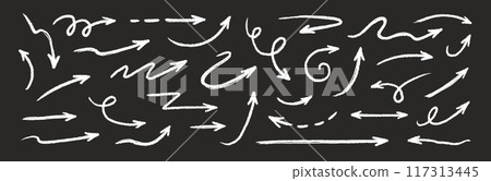 Arrow crayon brush doodle chalk line stroke. Sketch pencil texture line scribble arrow icon. Hand drawn grunge crayon brush sketch direction element on chalkboard. Vector 117313445