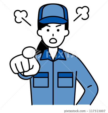 穿著工作服的女人指著並生氣 117313807