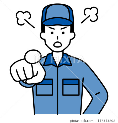 A man in overalls pointing and getting angry A man in overalls pointing and getting angry 117313808