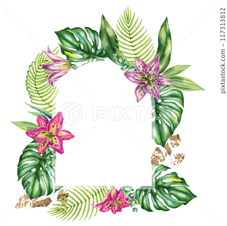 Watercolor tropical frame Tropical wreath with lilies 117313812