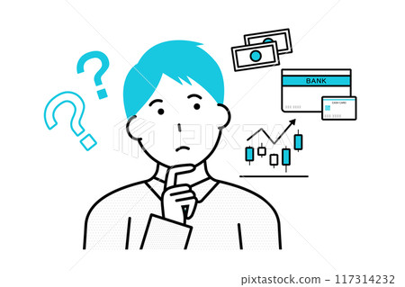 Illustration of a man wondering whether to save or invest his money Illustration of a man wondering whether to save or invest his money 117314232