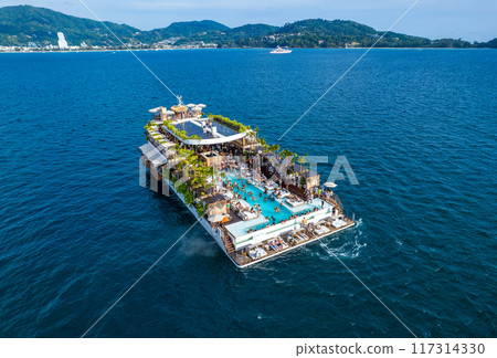 Aerial view of floating beach club in Phuket, Thailand 117314330