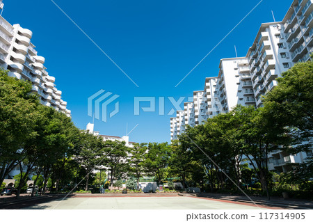 神奈川縣川崎市新玉川Heim入口,漫步中野島站前廣場,陽光明媚的夏日藍天 神奈川縣川崎市新玉川Heim入口,漫步中野島站前廣場,陽光明媚的夏日藍天 117314905