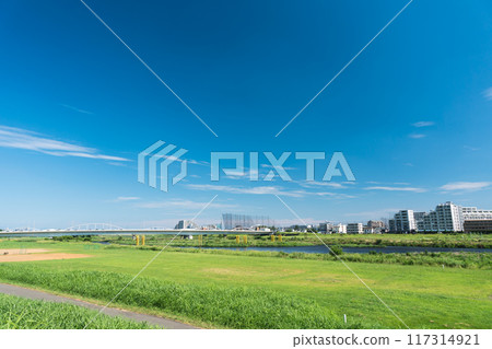 從川崎多摩川河岸眺望東京，神奈川縣川崎市，晴朗的夏日，可見多摩河原橋，藍天 117314921