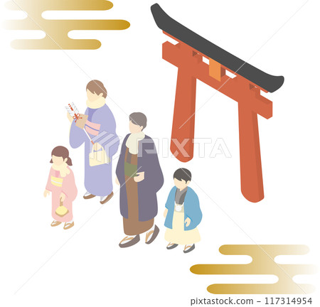 Isometric New Year's Day First visit to a shrine People Family Men Women Children Kids Illustration material set Isometric New Year's Day First visit to a shrine People Family Men Women Children Kids Illustration material set 117314954