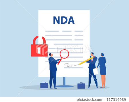 NDA or Non disclosure agreement contract businessman holding signing pen with NDA locked with padlock document.Non Disclosure Agreement concept; flat vector illustration 117314989