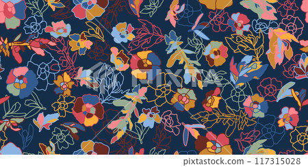 A vibrant and captivating floral design showcasing an array of colorful blooms and leaves against a dark background A vibrant and captivating floral design showcasing an array of colorful blooms and leaves against a dark background 117315028