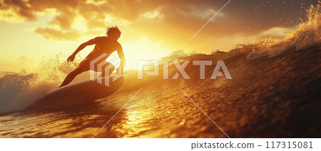 Surfer floating in the sunset 117315081