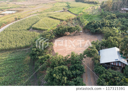 Land and soil backfill in aerial view in in Nan province of Thailand. Land and soil backfill in aerial view in in Nan province of Thailand. 117315391