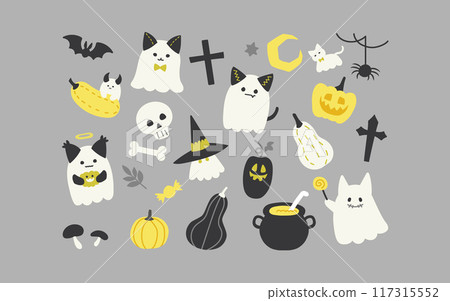 Ghost cat and Halloween illustration (Halloween Autumn Background Illustration Card Gray) 117315552