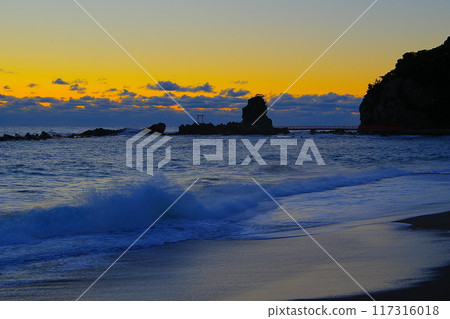 Iwaki City's Namitate Coast and Benten Island with the waves crashing against the backdrop of the morning sky Ver1 Iwaki City's Namitate Coast and Benten Island with the waves crashing against the backdrop of the morning sky Ver1 117316018