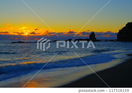 Scenery of Benten Island and sunrise on Namitate Coast, Iwaki City, Fukushima Prefecture Ver4 Scenery of Benten Island and sunrise on Namitate Coast, Iwaki City, Fukushima Prefecture Ver4 117316159